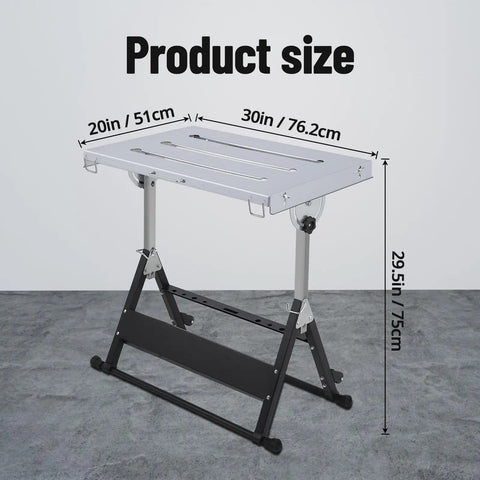 Heavy Duty Folding Welding Table Holds 1000 Lbs Adjustable Height with size dimensions 30in x 20in x 29.5in.