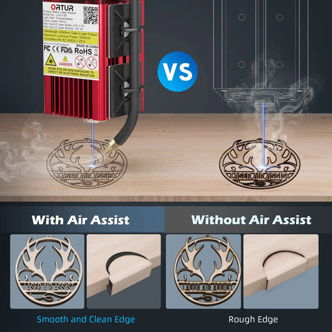 Comparison of laser engraving with and without Air Assist Pump For Laser Engravers And Cutters With Adjustable 0 To 30 Lpm Airflow