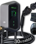 Heavy Duty Level 2 EV Charger 48 Amp Wall Mount Station With J1772 Plug And Tesla NACS Adapter showing 30 ft cord and user display.