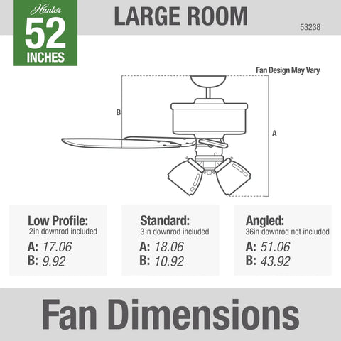 Diagram showing fan dimensions for a 52 Inch Bronze Indoor Ceiling Fan with pull chain and LED lights, fit for large rooms.