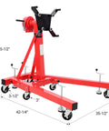 Heavy Duty Folding Engine Stand With 1500 Lb Rating And 360 Degree Geared Rotation Head shown with locking casters and measurements.