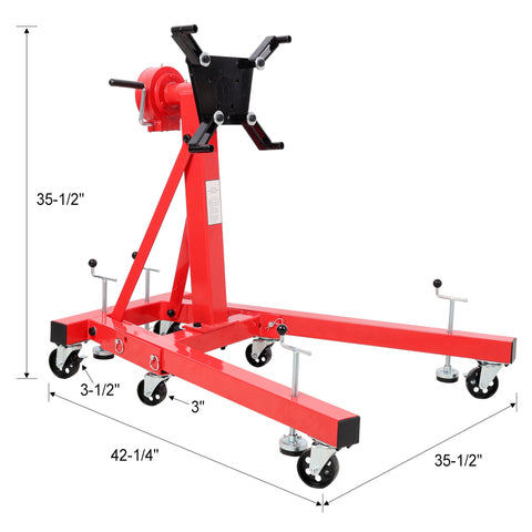 Heavy Duty Folding Engine Stand With 1500 Lb Rating And 360 Degree Geared Rotation Head shown with locking casters and measurements.