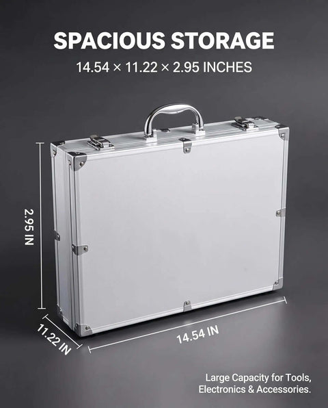 Hella Durable Aluminum Workhorse Case With Shock Absorbing Foam Base And Reinforced Corners For Everyday Grind Heavy Duty Tool Carry And Safe Storage In Silver, dimensions 14.54x11.22x2.95 inches.