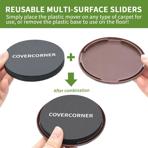 Close-up of Eight Piece Two In One Furniture Sliders Set For Carpet And Hardwood Floors, Dual Mode Felt Sliders For Hardwood Scratch Proof And Plastic Sliders For Carpet Glide.