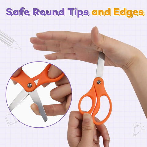 36 Pack Kid Scissors For School And Home, 5 inch blunt tip, stainless steel blades, orange handles showing safe grip and use