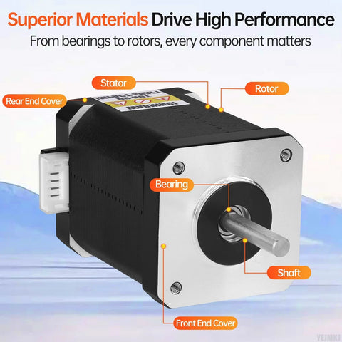 YEJMKJ 3-pack Nema 17 stepper motors; black aluminum body with silver front plate, 42x60mm frame, 0.84Nm, 2.3A, 4‑lead cable