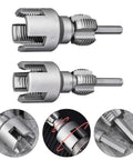 2025 Integrated Electric Pipe Threader For Pvc And Cpvc, two metal threading tools for half inch and three quarter inch pipes.
