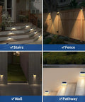 Stainless Steel Solar Step Lights Outdoor Waterproof LED Path Lights illuminating stairs, fences, walls, and pathways with warm white light.