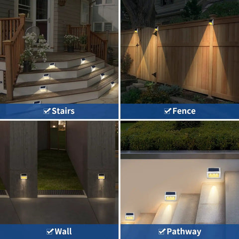 Stainless Steel Solar Step Lights Outdoor Waterproof LED Path Lights illuminating stairs, fences, walls, and pathways with warm white light.