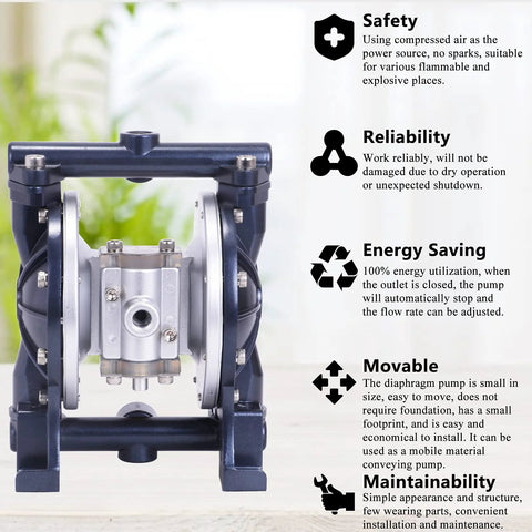 Front view of blue MXBAOHENG air-operated diaphragm pump with silver head and 3/8 inch inlet/outlet fittings.