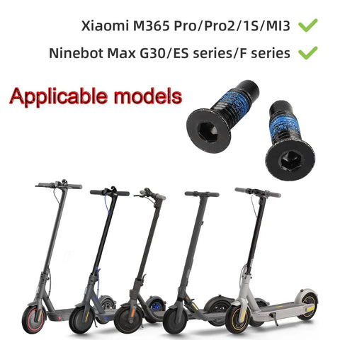Heavy Duty Electric Scooter Screws Kit With Hella Tight Handlebar Bolts And Premium Folding Mechanism Hardware For Xiaomi M365 Ninebot 1S Pro Replacement Parts showing suitable models and bolt detail.