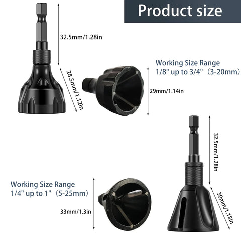 Diagram showing Two Pack Metal Burr Removal Tool Set With Dual Chamfer Tools For Deburring And Finishing Drill Bits Heavy Duty Carbide Blades for dimensions.