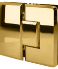 Polished Brass Glass To Glass Hinge With Rounded Corners And Beveled Edges for Heavy Duty Shower Doors close-up view.