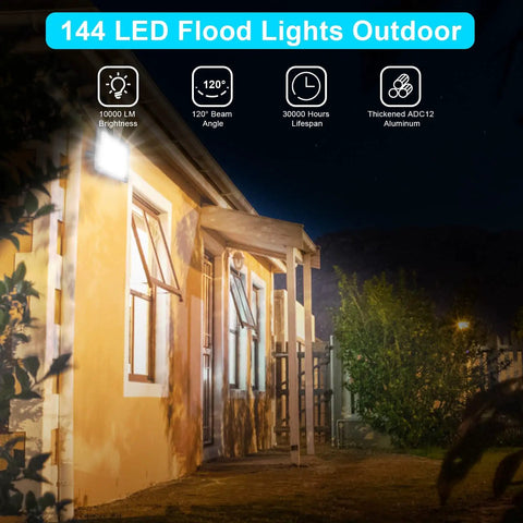 LED Flood Lights Outdoor 100W 10000LM Plug In IP66 Waterproof 6000K lighting a house at night, showcasing brightness