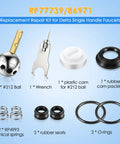 Single Handle Faucet Repair Kit With RP212 Stainless Steel Ball Valves And Knob Handles For Delta And Peerless Faucets Replacement RP77739 86971 1 Pack Easy Install Durable Build Leak Free Performance kit contents on display.