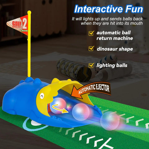 Dinosaur Themed Kids Golf Set For Ages 3 To 6 With Automatic Ball Returner Light Up Balls Indoor Outdoor Putting Mat Toddler Golf Clubs Super Fun Birthday Gift For Boys And Girls showing dinosaur automatic ball returner and light-up balls