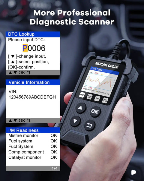 Hand holding CDL20 Universal OBD2 Scanner Check Engine Car Code Reader With Full OBD2 Functions, displaying diagnostic data.