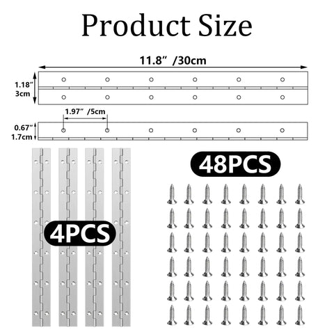 Diagram showing dimensions of Tough as Nails Heavy Duty 12 Inch Stainless Steel Piano Hinges 4 Pack With 48 Screws.