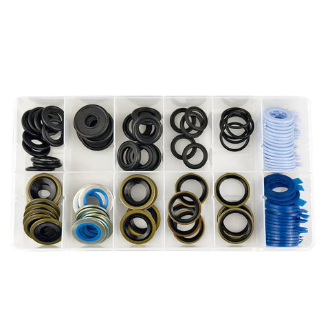 Oil Drain Plug Gasket Kit 102 Pieces 12 Types Rubber Gaskets for M12 and M14 Drain Plugs in divided storage case