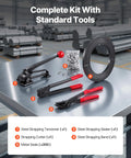 Beefy Heavy Duty Steel Banding Strapping Kit with 600 ft binding straps, 300 metal seals, manual sealer tool, tensioner, crimper, and cutter.