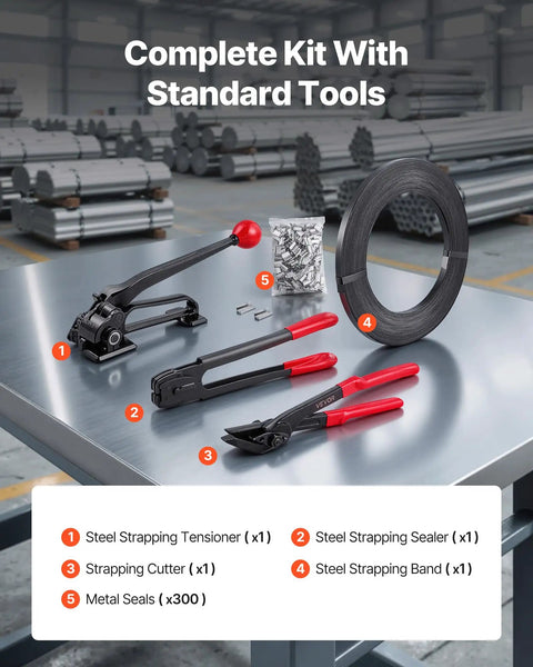 Beefy Heavy Duty Steel Banding Strapping Kit with 600 ft binding straps, 300 metal seals, manual sealer tool, tensioner, crimper, and cutter.