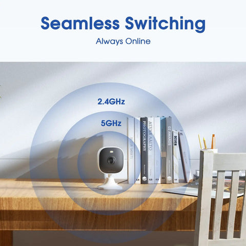 4MP Indoor Outdoor Home Security Camera System, 2 Pack, 2.4G And 5G WiFi, Easy Plug And Play Setup displayed on desk surface