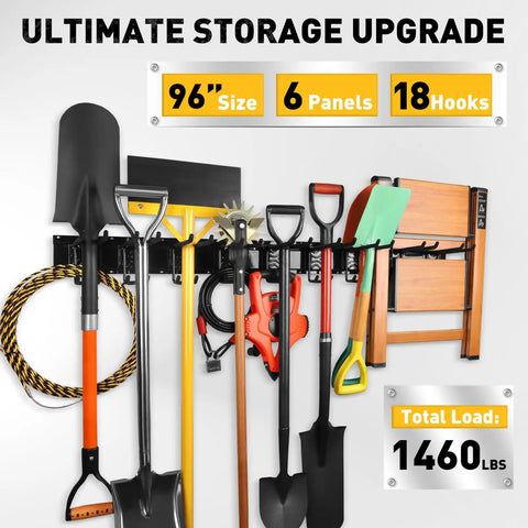 Heavy Duty 96 Inch Garage Tool Organizer Wall Mount Hooks Kit With 18 Pairs Built To Last 1460 Lbs Capacity Garden Tool Storage Rack