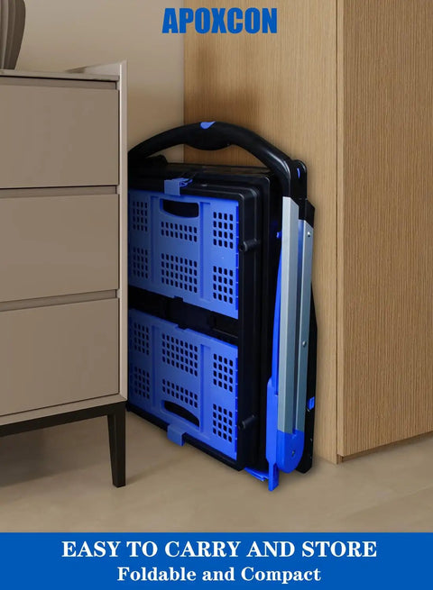 Folded Dope Two Tier Collapsible Shopping Cart with crates stored compactly by cabinet