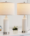 Set of 2 Modern Touch Table Lamps for Living Room and Bedroom, 3-Way Dimmable Nightstand Lamps With 2 USB Ports, White Ceramic End Table Bedside Lamps, LED Bulbs Included shown on a table with USB charging phones and a decorative plant.