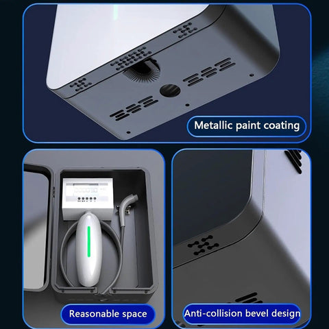 Electric Vehicle Charger Pedestal Stand And Lockable Weatherproof Charging Station Housing with metallic coating and ventilation slots.