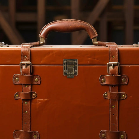 Leather suitcase with metal toggle latch clasp highlighted, similar to Two Pack Old School Retro Style Metal Toggle Latch Hasp Lock for Jewelry Boxes