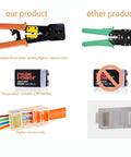 Comparison of pass-through Ethernet crimp tool kit with 9V battery and RJ45 connectors showing higher success rate