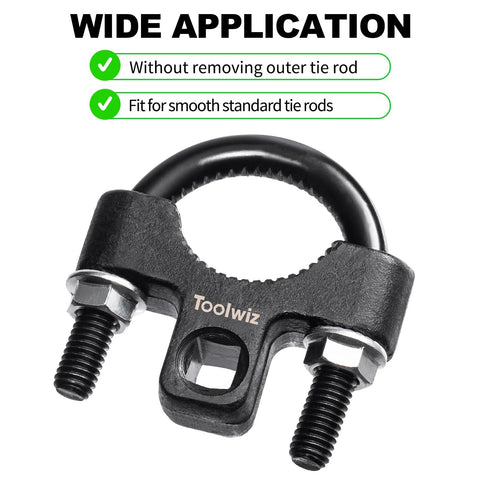 Toolwiz inner tie rod removal clamp, front view; black steel with two bolts
