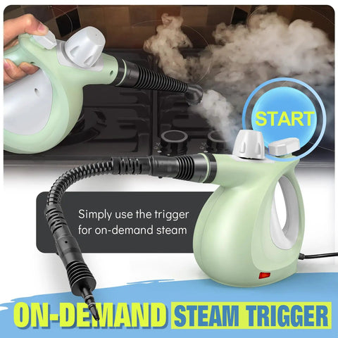 Hella Badass Handheld Steam Cleaner With 3 Bar High Pressure and 11 Piece Chemical Free Kit showing on-demand steam trigger in use.
