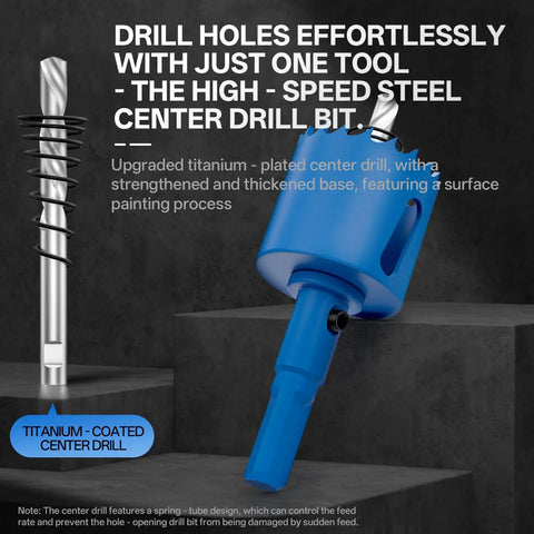 1 Inch Bi Metal Hole Saw With Center Drill For Quick Clean Holes In Wood Plastic Drywall And Thin Sheet Metal Great For Cornhole Boards And More Durable Sharp Teeth For Long Life, includes center drill bit in titanium coating.