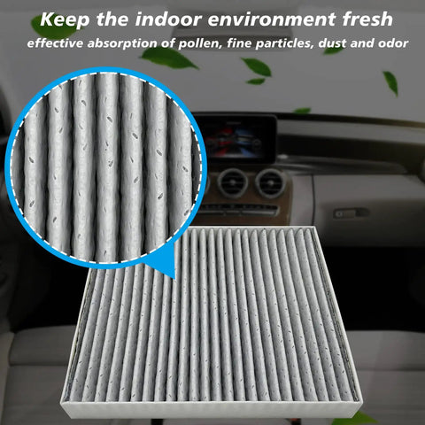 Cabin Air Filter Replacement For Subaru Ascent 2019-2024 Crosstrek 2018-2024 Impreza 2017-2024 Legacy 2020-2025 Outback 2020-2025 Four Layer Melt-Blown Nonwoven Cabin Filter CF12436 72880-FL00A 72880-FL500 Compatible showing filter texture and car interior.