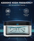 Ultrasonic Jewelry Cleaner Portable 500ML Deep Cleaning At 42kHz With Stainless Steel Tank Five Preset Cycles Auto Shut Off 90 180 280 380 480 Seconds Safe For Rings Eyeglasses Watches Straps Coins And Dentures showcasing eyeglasses