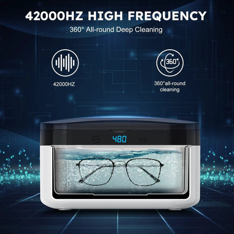 Ultrasonic Jewelry Cleaner Portable 500ML Deep Cleaning At 42kHz With Stainless Steel Tank Five Preset Cycles Auto Shut Off 90 180 280 380 480 Seconds Safe For Rings Eyeglasses Watches Straps Coins And Dentures showcasing eyeglasses