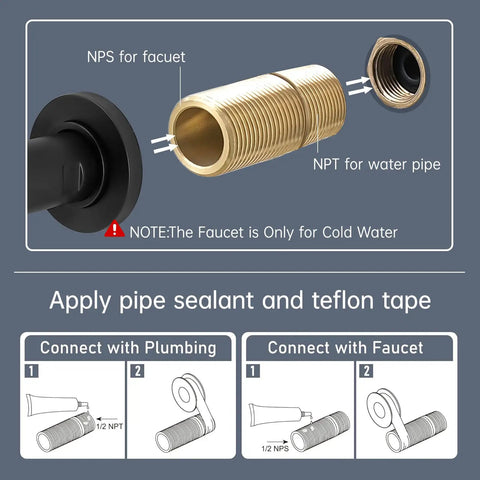 Installation guide for Slick Matte Black Pot Filler Faucet with cold water valve and pipe connections.