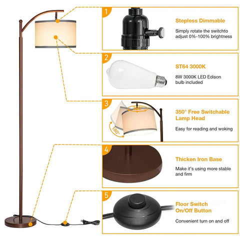 Dimmer Compatible Dimmable Floor Lamp With 350 Degree Adjustable Head In Brown Tall Pole Modern Standing Lamp features