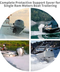 Transom Saver For Boats With Single Ram Outboard Motors And Two Piece Trailering Motor Locks In Rubber EPDM Red Keeps Transom Safe And Aligned During Trailering And Dockside Use shown in four boat images