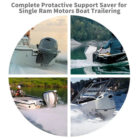 Transom Saver For Boats With Single Ram Outboard Motors And Two Piece Trailering Motor Locks In Rubber EPDM Red Keeps Transom Safe And Aligned During Trailering And Dockside Use shown in four boat images