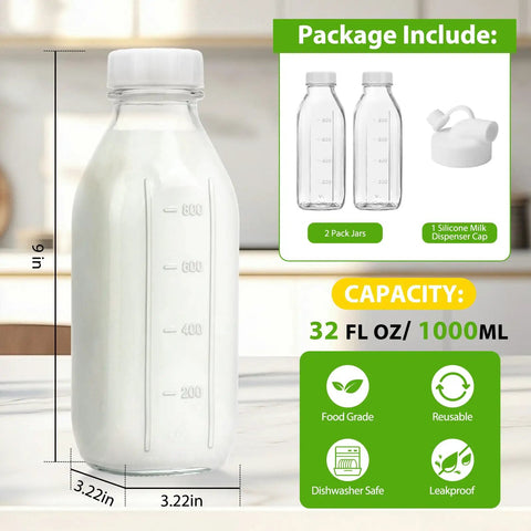 Close-up of 32 Oz Glass Milk And Juice Bottle Set With No Leak Airtight Screw Lid And Silicone Gasket, product details shown.