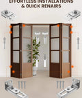 Bi-Fold Door Hardware Repair Kit 4 Pack For 7/8 To 1 Inch Track with components laid out, installed on a folding wooden door