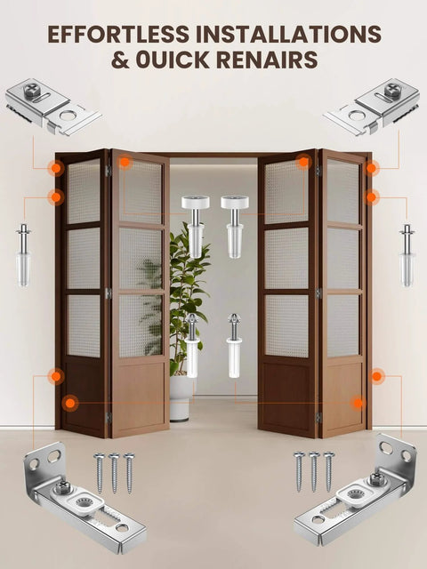Bi-Fold Door Hardware Repair Kit 4 Pack For 7/8 To 1 Inch Track with components laid out, installed on a folding wooden door