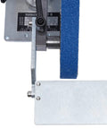 Close-up view of 550W Brushless Desktop Belt Sander with blue sanding belt and solid steel frame for polishing and grinding.