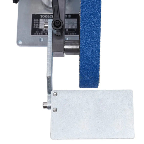 Close-up view of 550W Brushless Desktop Belt Sander with blue sanding belt and solid steel frame for polishing and grinding.