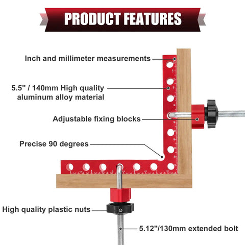 Diagram showing 5.5 inch aluminum corner clamps for woodworking with 90 degree precision and adjustable fixing blocks.