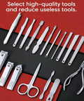 18 Piece Stainless Steel Nail Care Tools Set for Men and Women with PU Leather Travel Case, showing manicure and pedicure tools on red and black background.