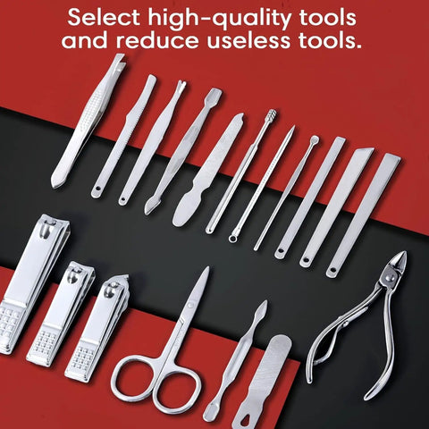 18 Piece Stainless Steel Nail Care Tools Set for Men and Women with PU Leather Travel Case, showing manicure and pedicure tools on red and black background.